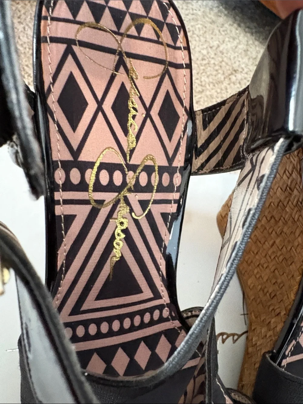 Jessica Simpson Black Patent & Woven Tan Wedge Sandals